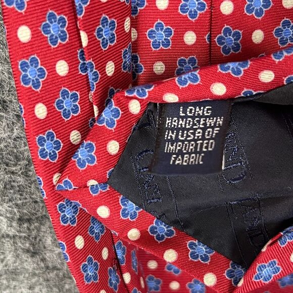Lands End Tie Mens 60" Long 3.5"‎ Wide Hand Sewn Silk USA Designer Red Flowers - Picture 4 of 8
